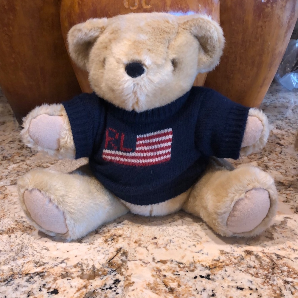 Ralph Lauren teddy bear with flag blue sweater